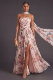 Ivory Neck Scarf Floral A Line Long Formal Dress with Slit