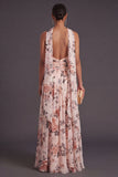 Ivory Neck Scarf Floral A Line Long Formal Dress with Slit