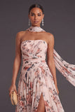 Ivory Neck Scarf Floral A Line Long Formal Dress with Slit