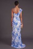 Blue Floral Mermaid Ruffled Long Formal Dress