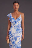 Blue Floral Mermaid Ruffled Long Formal Dress