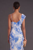 Blue Floral Mermaid Ruffled Long Formal Dress