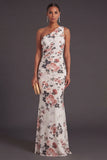 Ivory Floral Mermaid One Shoulder Ruched Long Formal Dress
