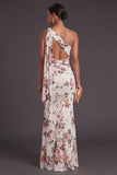 Ivory Floral Mermaid One Shoulder Ruched Long Formal Dress