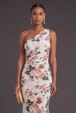 Ivory Floral Mermaid One Shoulder Ruched Long Formal Dress