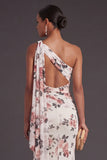 Ivory Floral Mermaid One Shoulder Ruched Long Formal Dress