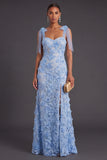 Appliqued Blue A Line Floral Long Formal Dress with Slit