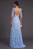 Appliqued Blue A Line Floral Long Formal Dress with Slit