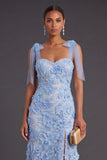 Appliqued Blue A Line Floral Long Formal Dress with Slit