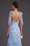 Appliqued Blue A Line Floral Long Formal Dress with Slit