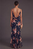 Black Floral Mermaid Spaghetti Straps Long Formal Dress