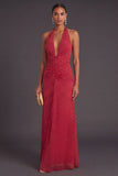 Red White Dots A Line Halter Neck Long Formal Dress