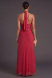 Red White Dots A Line Halter Neck Long Formal Dress