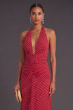 Red White Dots A Line Halter Neck Long Formal Dress