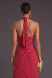Red White Dots A Line Halter Neck Long Formal Dress