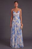 Floral A Line Blue Spaghetti Straps Long Formal Dress