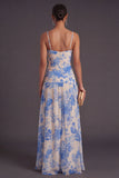 Floral A Line Blue Spaghetti Straps Long Formal Dress