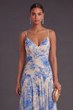 Floral A Line Blue Spaghetti Straps Long Formal Dress