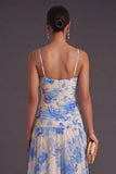 Floral A Line Blue Spaghetti Straps Long Formal Dress