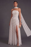 Neck Scarf White Black Dots High Waist Long Formal Dress