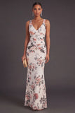 Mermaid Ivory Floral V Neck Long Formal Dress