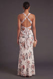 Mermaid Ivory Floral V Neck Long Formal Dress