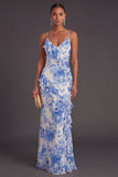 Blue Floral Spaghetti Straps Ruffled Long Mermaid Formal Dress
