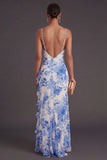 Blue Floral Spaghetti Straps Ruffled Long Mermaid Formal Dress