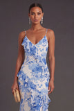 Blue Floral Spaghetti Straps Ruffled Long Mermaid Formal Dress