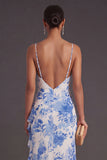 Blue Floral Spaghetti Straps Ruffled Long Mermaid Formal Dress