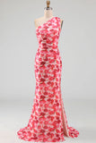 Ruched Pink Floral Mermaid Long Formal Dress