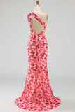 Ruched Pink Floral Mermaid Long Formal Dress