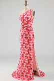 Ruched Pink Floral Mermaid Long Formal Dress