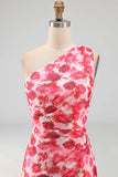 Ruched Pink Floral Mermaid Long Formal Dress