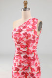 Ruched Pink Floral Mermaid Long Formal Dress