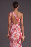 Ruched Pink Floral Mermaid Long Formal Dress