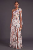 One Shoulder Ivory Floral A Line Long Formal Dress with Slit