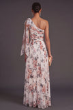 One Shoulder Ivory Floral A Line Long Formal Dress with Slit