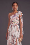 One Shoulder Ivory Floral A Line Long Formal Dress with Slit