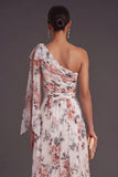 One Shoulder Ivory Floral A Line Long Formal Dress with Slit