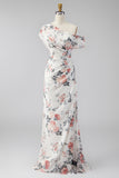 Ruched Floral A Line Ivory Long Formal Dress with Slit