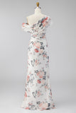 Ruched Floral A Line Ivory Long Formal Dress with Slit