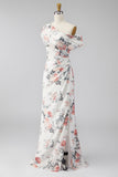 Ruched Floral A Line Ivory Long Formal Dress with Slit