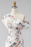 Ruched Floral A Line Ivory Long Formal Dress with Slit