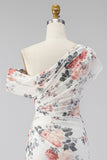 Ruched Floral A Line Ivory Long Formal Dress with Slit