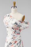 Ruched Floral A Line Ivory Long Formal Dress with Slit