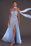 Blue Floral A Line Neck Scarf Lace Long Formal Dress with Slit