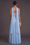 Blue Floral A Line Neck Scarf Lace Long Formal Dress with Slit