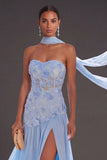 Blue Floral A Line Neck Scarf Lace Long Formal Dress with Slit
