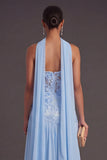 Blue Floral A Line Neck Scarf Lace Long Formal Dress with Slit